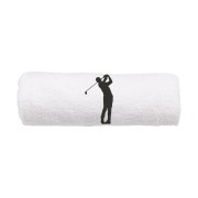 Biały ręcznik bawełniany 500g z precyzyjnym haftem przedstawiającym mężczyznę podczas swingu golfowego, zwinięty w rulon.