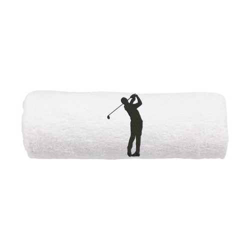 Biały ręcznik bawełniany 500g z precyzyjnym haftem przedstawiającym mężczyznę podczas swingu golfowego, zwinięty w rulon.