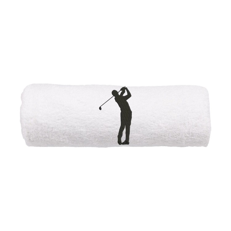 Biały ręcznik bawełniany 500g z precyzyjnym haftem przedstawiającym mężczyznę podczas swingu golfowego, zwinięty w rulon.