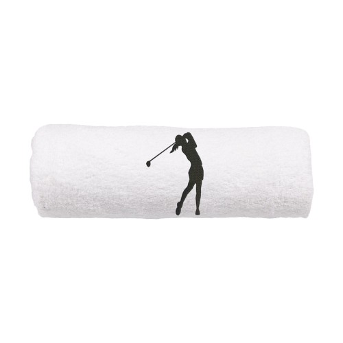 Personalizowany biały ręcznik z haftem sylwetki kobiety grającej w golfa, wykonany z miękkiej bawełny 500g, zwinięty w rulon.