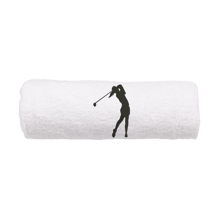 Personalizowany biały ręcznik z haftem sylwetki kobiety grającej w golfa, wykonany z miękkiej bawełny 500g, zwinięty w rulon.