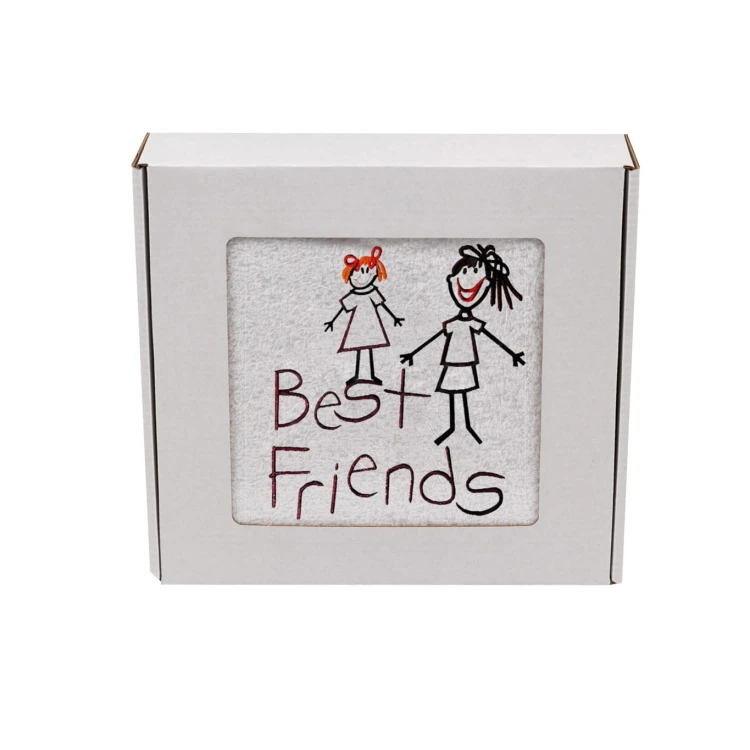 Personalizowany ręcznik z haftem dla przyjaciółki z haftem " Best Friends" zapakowany na prezent w pudełko z okienkiem.