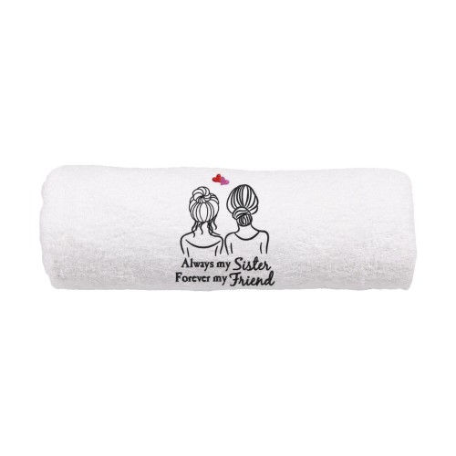 Personalizowany ręcznik z haftem dla siostry w kolorze białym z haftem "Always my sister forever my friend"