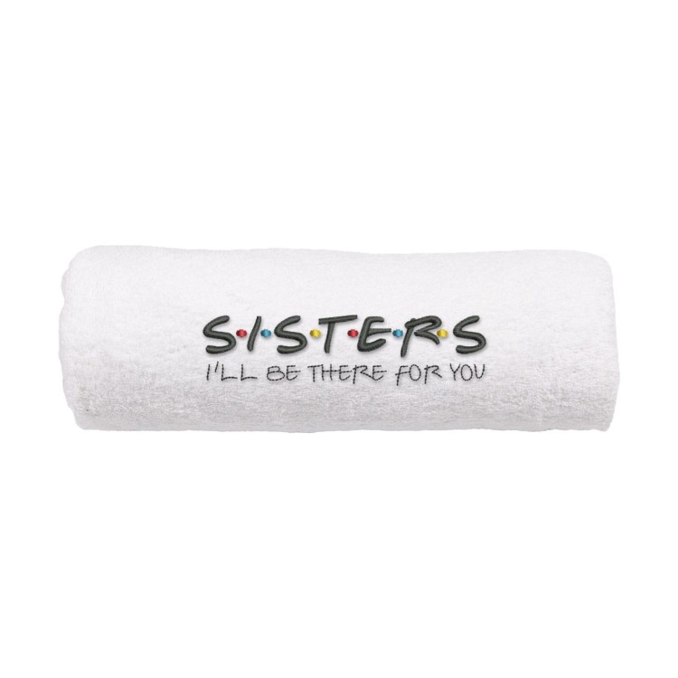 Personalizowany ręcznik z haftem dla siostry w kolorze białym z haftem "Sisters"