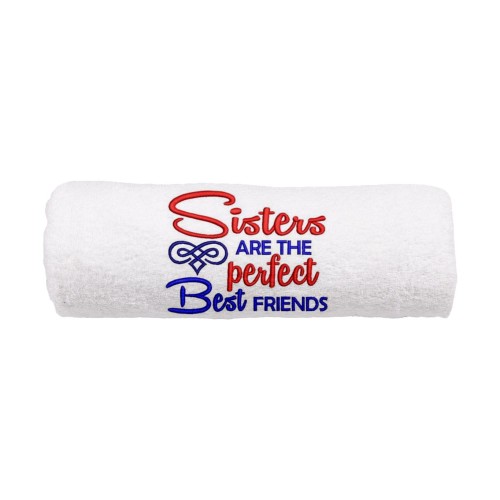 Personalizowany ręcznik z haftem dla siostry w kolorze białym z haftem "Sisters are the perfect best  friends"