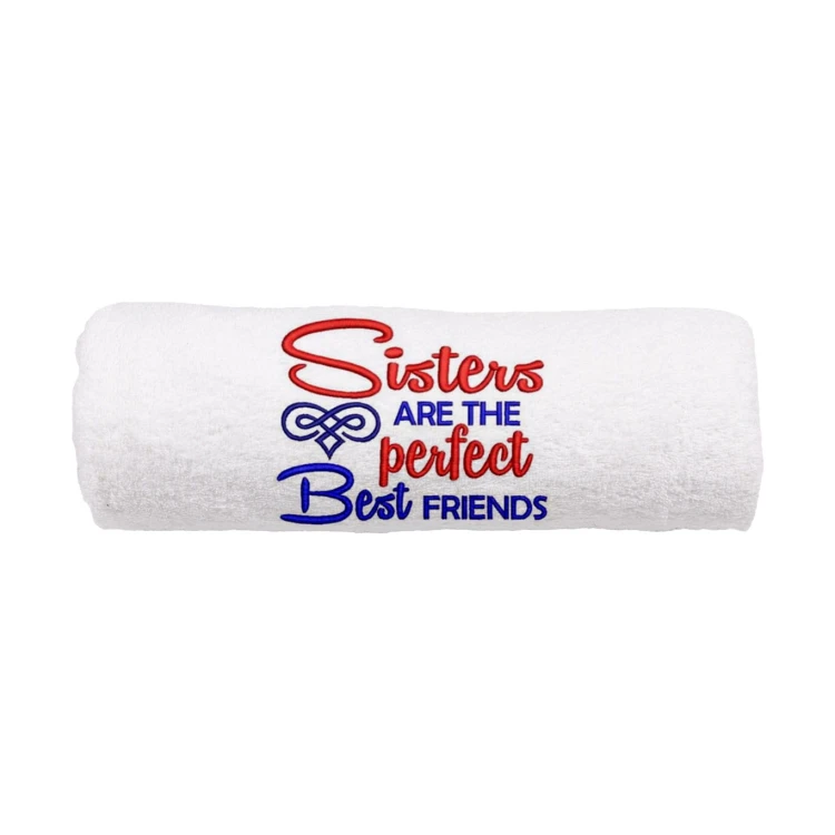 Personalizowany ręcznik z haftem dla siostry w kolorze białym z haftem "Sisters are the perfect best  friends"