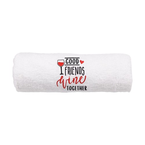 Personalizowany ręcznik z haftem dla przyjaciółki z haftem " Good friends wine together" .