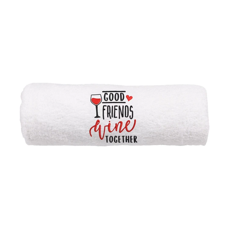 Personalizowany ręcznik z haftem dla przyjaciółki z haftem " Good friends wine together" .