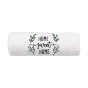 Biały ręcznik z haftem Home Sweet Home.