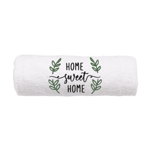 Biały ręcznik z haftem Home Sweet Home.