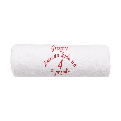 Gruby ręcznik bawełniany frotte 500g zwinięty w rulon, pokazujący precyzyjny haft Zmiana kodu na 5-kę z przodu.