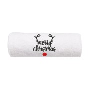 Elegancki świąteczny ręcznik frotte 500g z precyzyjnym haftem Merry Christmas, porożem renifera i czerwonym nosem, zwinięty w rulon, idealny na prezent.
