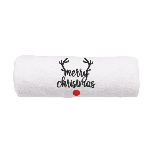 Elegancki świąteczny ręcznik frotte 500g z precyzyjnym haftem Merry Christmas, porożem renifera i czerwonym nosem, zwinięty w rulon, idealny na prezent.
