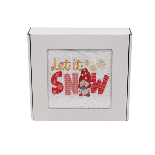 Elegancki zimowy ręcznik frotte 500g z precyzyjnym haftem Let It Snow, śnieżynkami i krasnalem, zapakowany w białe kartonowe pudełko z okienkiem, idealny na prezent.