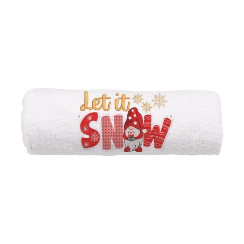 Elegancki zimowy ręcznik frotte 500g z precyzyjnym haftem Let It Snow, śnieżynkami i krasnalem, idealny na prezent.