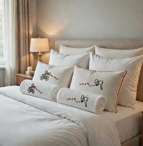 aranżacja w sypialni poduszki i ręczniki