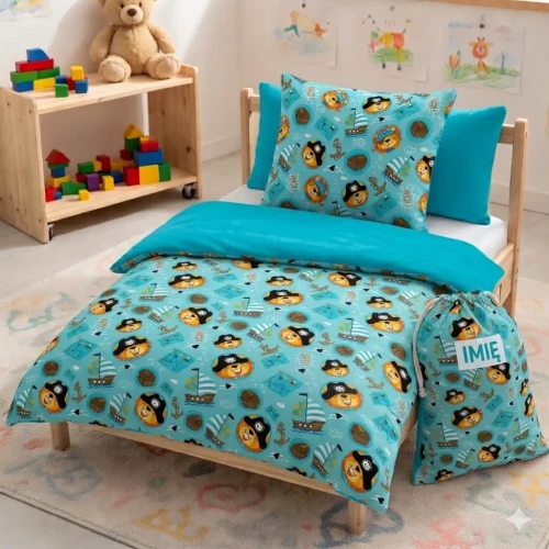 Dwustronny komplet pościeli do przedszkola z wypełnieniem, wzór w misie z personalizowanym haftem imiennym, połączenie bawełny i Velvetu.