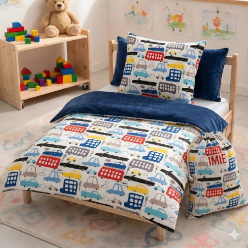 Dwustronny komplet pościeli do przedszkola z wypełnieniem, wzór w autka z personalizowanym haftem imiennym, połączenie bawełny i Velvetu.
