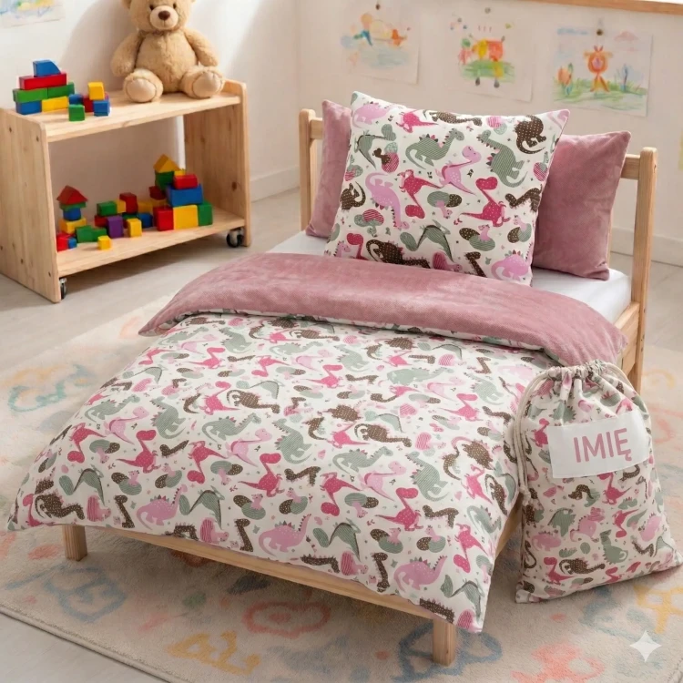 Dwustronny komplet pościeli do przedszkola z wypełnieniem, wzór w dinozaury z personalizowanym haftem imiennym, połączenie bawełny i Velvetu.