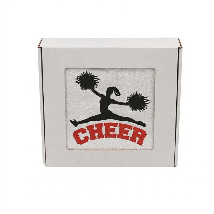 Ręcznik bawełniany frotte z dynamicznym haftem cheerleaderki trzymającej pompony w górze.