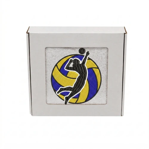 Biały personalizowany ręcznik 500g z haftem sylwetki kobiety grającej w siatkówkę, wykonany ze 100% bawełny, umieszczony w estetycznym pudełku z okienkiem.