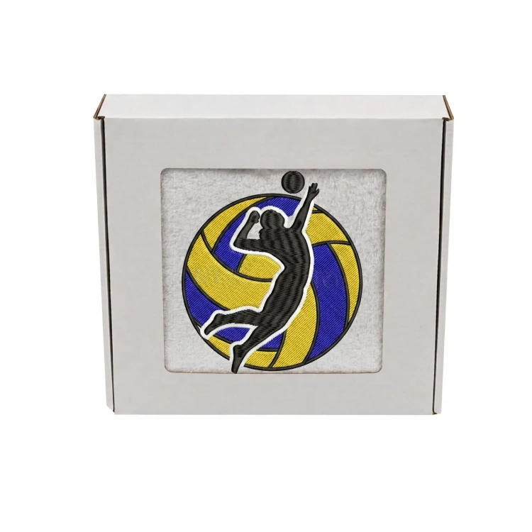 Biały personalizowany ręcznik 500g z haftem sylwetki kobiety grającej w siatkówkę, wykonany ze 100% bawełny, umieszczony w estetycznym pudełku z okienkiem.