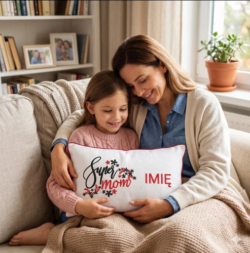 Emocjonalne zdjęcie mamy i córki przytulających się na kanapie z personalizowaną poduszką Super Mom.