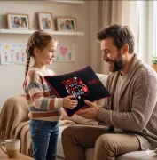 Córka daje tacie welurową poduszkę z napisem „imię taty” i haftem „Daddy has the key to my heart”. Czarna poduszka z czerwoną wypustką jako prezent.
