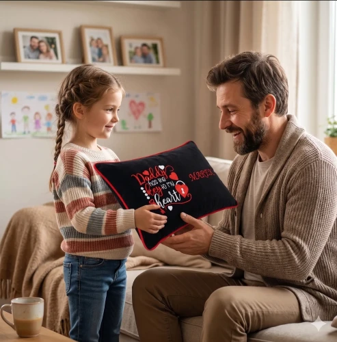 Córka daje tacie welurową poduszkę z napisem „imię taty” i haftem „Daddy has the key to my heart”. Czarna poduszka z czerwoną wypustką jako prezent.