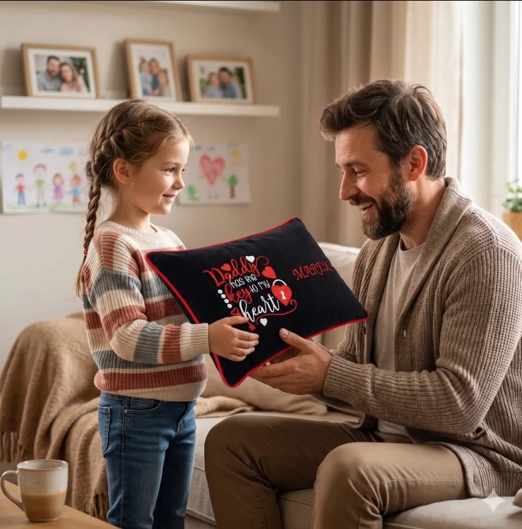 Córka daje tacie welurową poduszkę z napisem „imię taty” i haftem „Daddy has the key to my heart”. Czarna poduszka z czerwoną wypustką jako prezent.