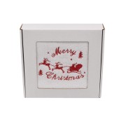 Elegancki świąteczny ręcznik frotte 500g z precyzyjnym haftem przedstawiającym sanie Mikołaja z reniferami i napis Merry Christmas, zapakowany w białe kartonowe pudełko z okienkiem, idealny na prezent.
