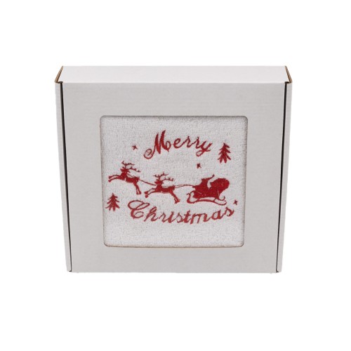 Elegancki świąteczny ręcznik frotte 500g z precyzyjnym haftem przedstawiającym sanie Mikołaja z reniferami i napis Merry Christmas, zapakowany w białe kartonowe pudełko z okienkiem, idealny na prezent.