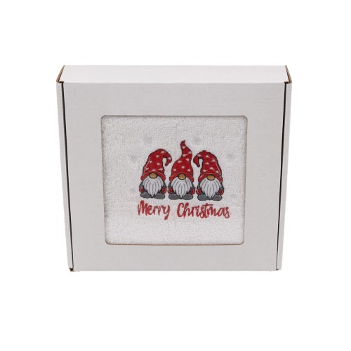Elegancki świąteczny ręcznik frotte 500g z precyzyjnym haftem przedstawiającym trzy urocze krasnale i napis Merry Christmas, zapakowany w białe kartonowe pudełko z okienkiem, idealny na prezent pod choinkę.