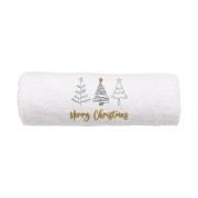 Elegancki świąteczny ręcznik frotte 500g z precyzyjnym haftem przedstawiającym trzy stylizowane choinki ze złotymi gwiazdami oraz złoty napis Merry Christmas, idealny na prezent.