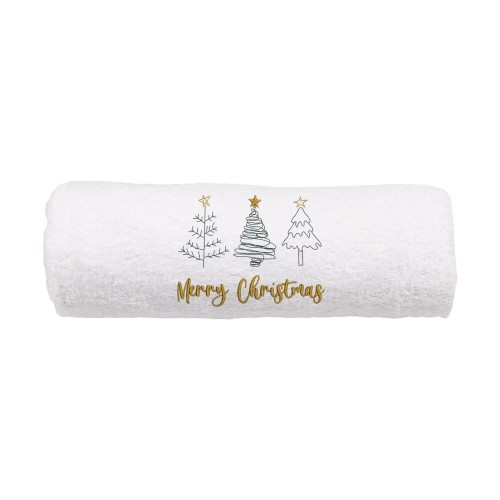 Elegancki świąteczny ręcznik frotte 500g z precyzyjnym haftem przedstawiającym trzy stylizowane choinki ze złotymi gwiazdami oraz złoty napis Merry Christmas, idealny na prezent.
