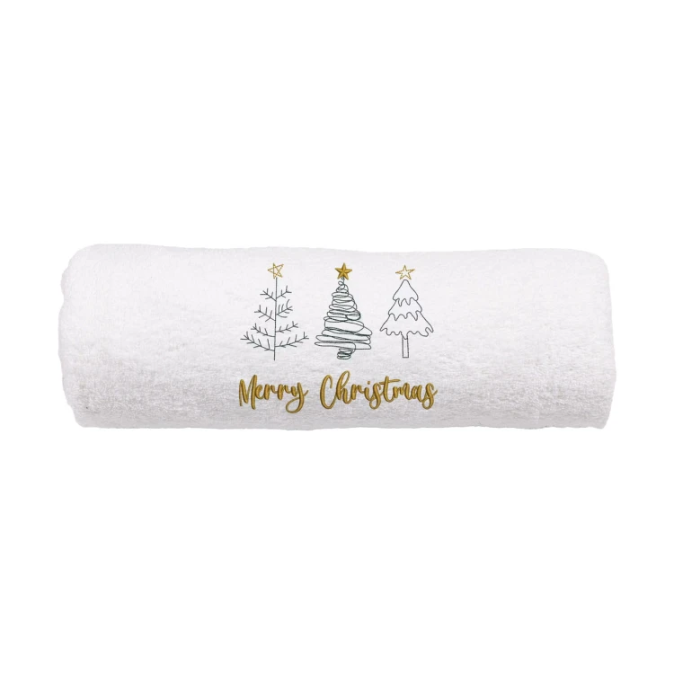 Elegancki świąteczny ręcznik frotte 500g z precyzyjnym haftem przedstawiającym trzy stylizowane choinki ze złotymi gwiazdami oraz złoty napis Merry Christmas, idealny na prezent.