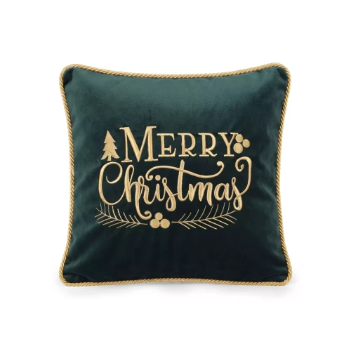 Zielona poszewka welurowa 45x45 z haftowanym złotym napisem Merry Christmas i ozdobnym sznurem