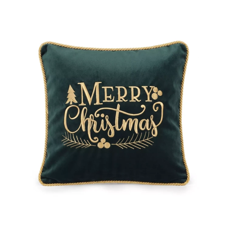 Zielona poszewka welurowa 45x45 z haftowanym złotym napisem Merry Christmas i ozdobnym sznurem