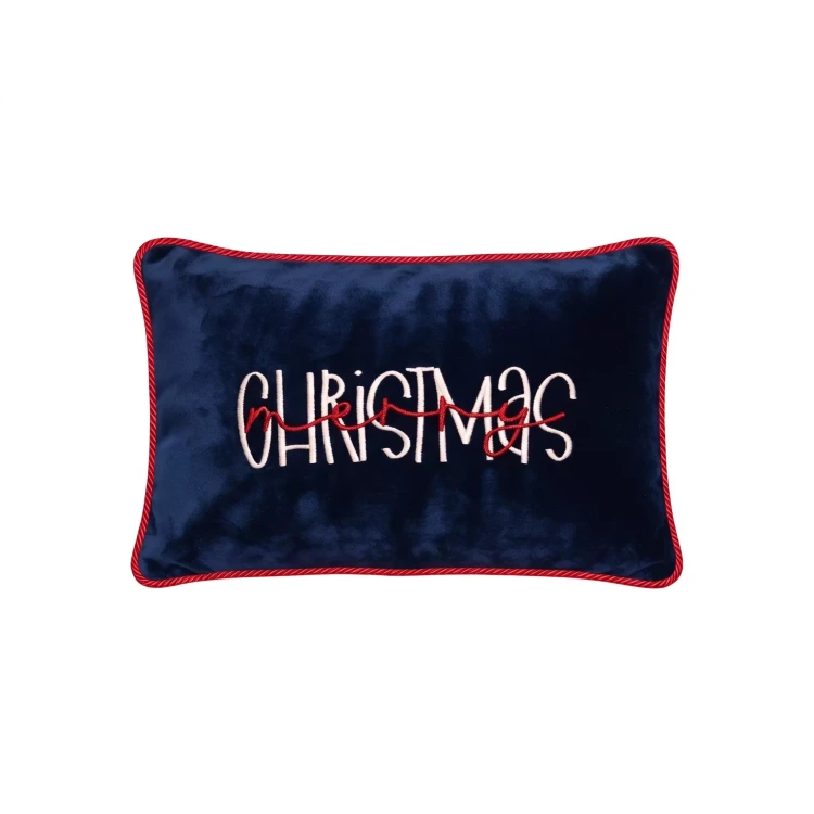 Granatowa poszewka welurowa 45x45 z dwukolorowym haftem Christmas i czerwonym sznurem