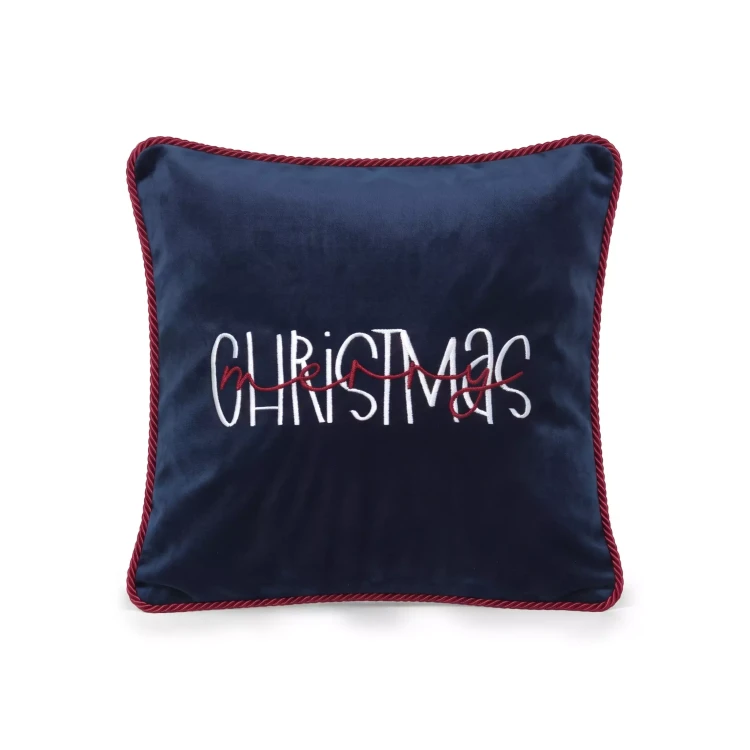 Granatowa poszewka welurowa 45x45 z dwukolorowym haftem Christmas i czerwonym sznurem