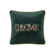 Zielona poduszka bożonarodzeniowa z haftowanym napisem Christmas i ozdobnym wykończeniem