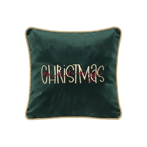 Zielona poduszka bożonarodzeniowa z haftowanym napisem Christmas i ozdobnym wykończeniem