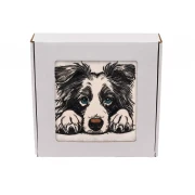 Personalizowany ręcznik frotte z precyzyjnym haftem przedstawiającym czarno-białego psa rasy border collie z inteligentnymi niebieskimi oczami i łapkami opartymi na krawędzi, zapakowany w białe pudełko z okienkiem