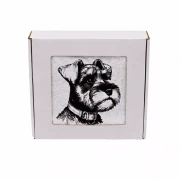 Personalizowany ręcznik frotte z precyzyjnym haftem przedstawiającym profilem sznaucera miniaturowego z charakterystyczną brodą i obrożą, zapakowany w białe pudełko z okienkiem.